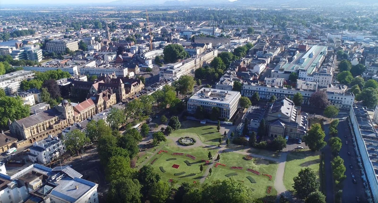 Drone shot of Imperial Gardens, Cheltenham